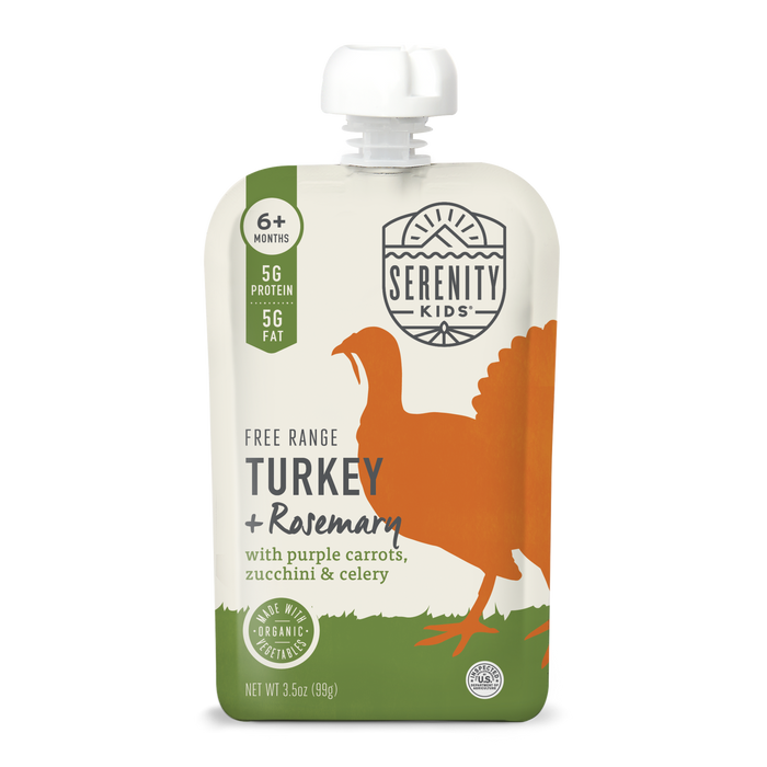 Serenity Kids free range turkey and rosemary baby food pouch on a white background
