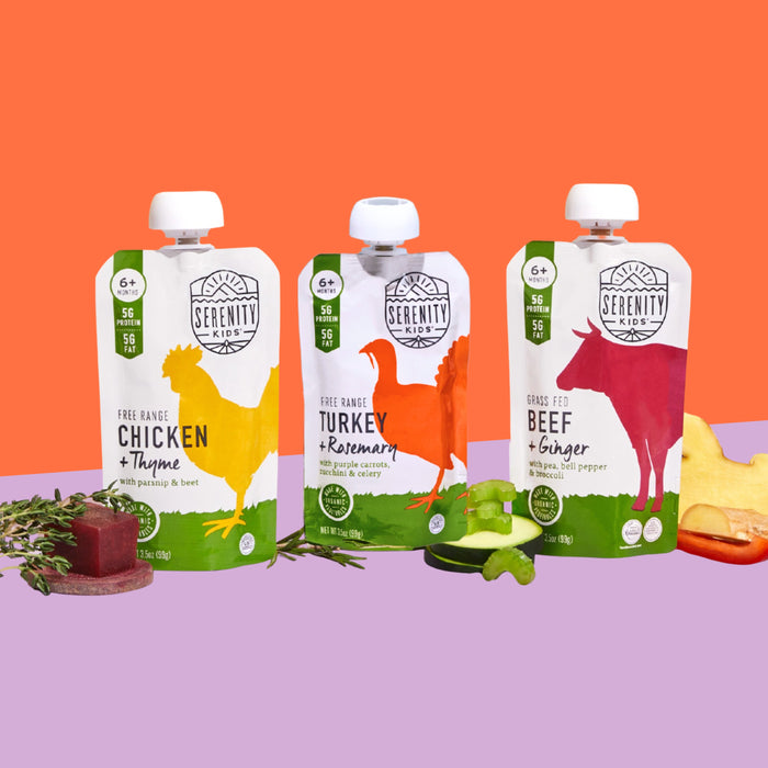 Three Serenity Kids food pouches on a colorful background