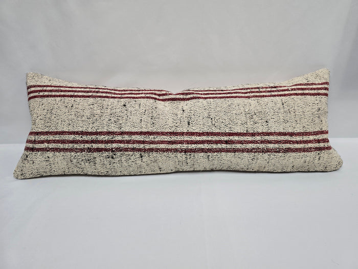 Turkish Lumbar Rug Pillow Cream Black Cushion Cover Hemp Pillow 14" x 40" #9502