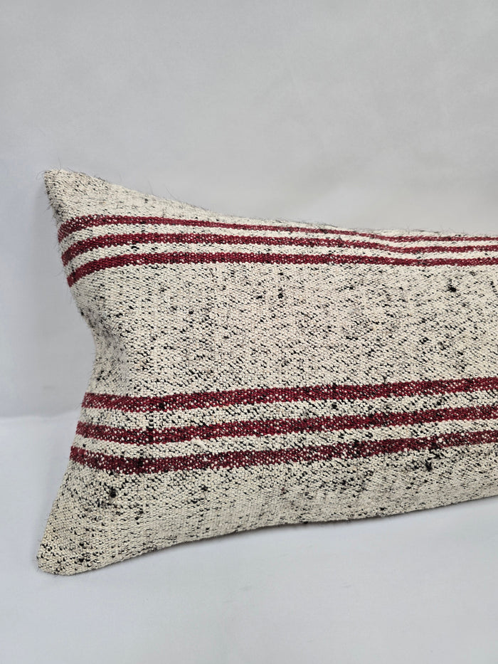 Turkish Lumbar Rug Pillow Cream Black Cushion Cover Hemp Pillow 14" x 40" #9502
