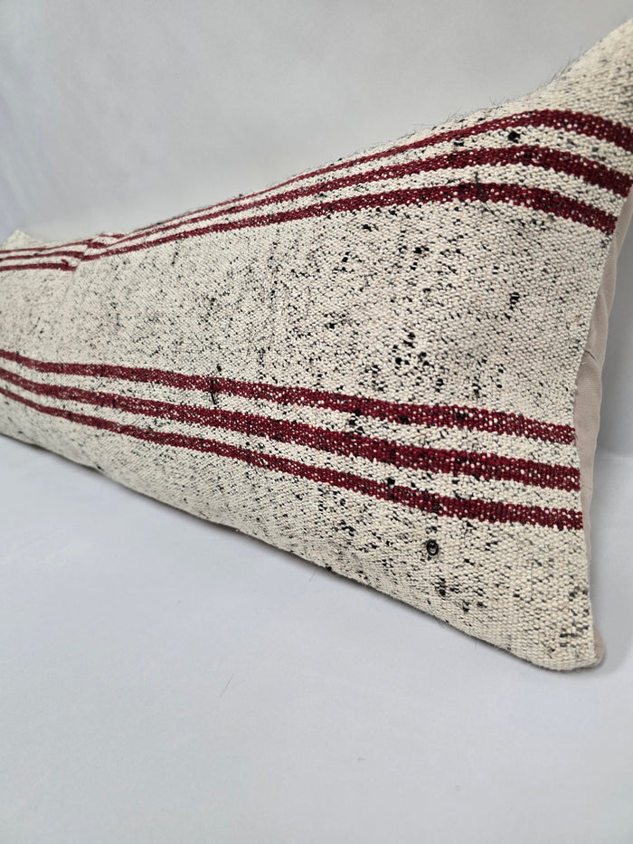 Turkish Lumbar Rug Pillow Cream Black Cushion Cover Hemp Pillow 14" x 40" #9509