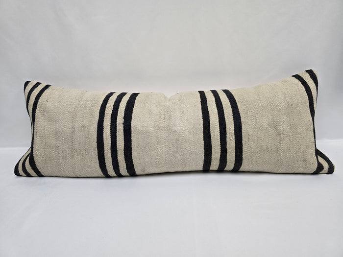 Turkish Lumbar Rug Pillow Cream Black Cushion Cover Hemp Pillow 14" x 40" #9512
