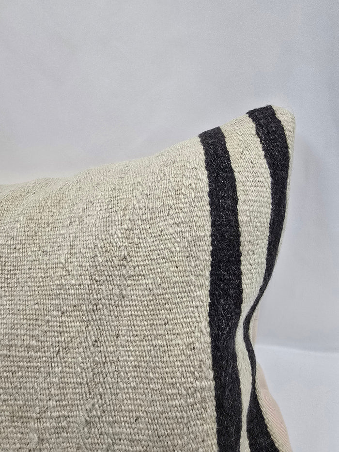 Turkish Lumbar Rug Pillow Cream Black Cushion Cover Hemp Pillow 14" x 40" #9512