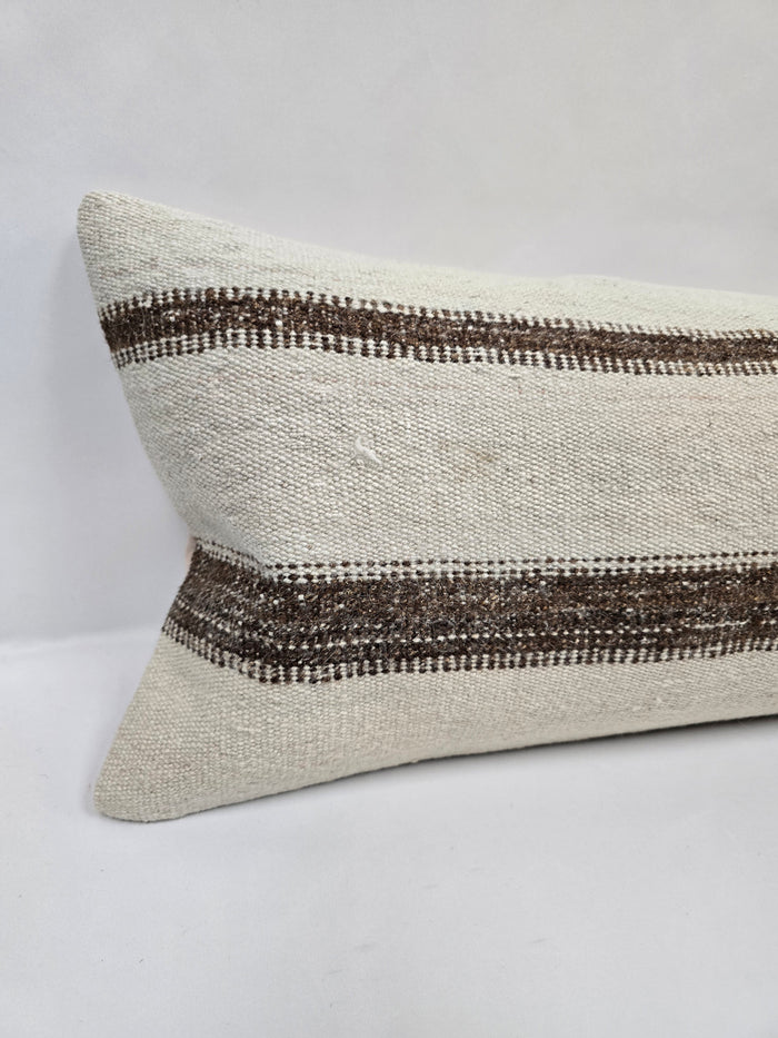 Turkish Lumbar Rug Pillow Cream Brown Cushion Cover Hemp Pillow 14" x 40" #9439