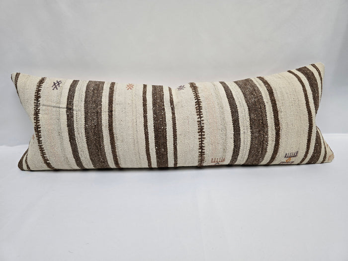 Turkish Lumbar Rug Pillow Cream Brown Cushion Cover Hemp Pillow 14" x 40" #9500