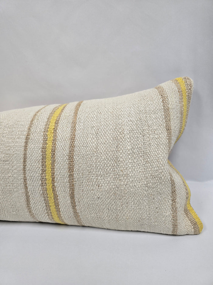 Turkish Lumbar Rug Pillow Cream Yellow Cushion Cover Hemp Pillow 14" x 40" #9504