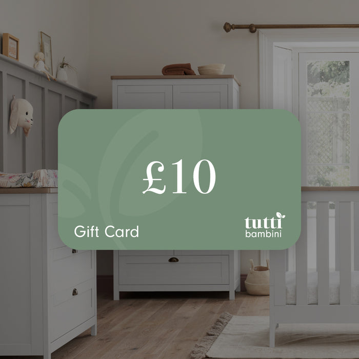 A £10 Tutti Bambini gift card displayed in a nursery room setting.