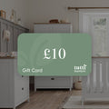 A £10 Tutti Bambini gift card displayed in a nursery room setting.