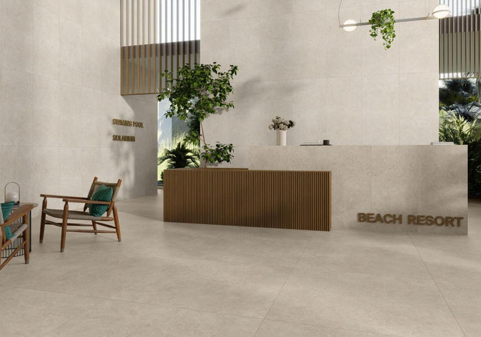Beach resort interior with large format porcelain floor tile.