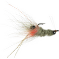 Tan and orange Umpqua Coyote Shrimp fly with fuzzy body, orange ribbing, white speckled tail, black bead eyes, and metal hook
