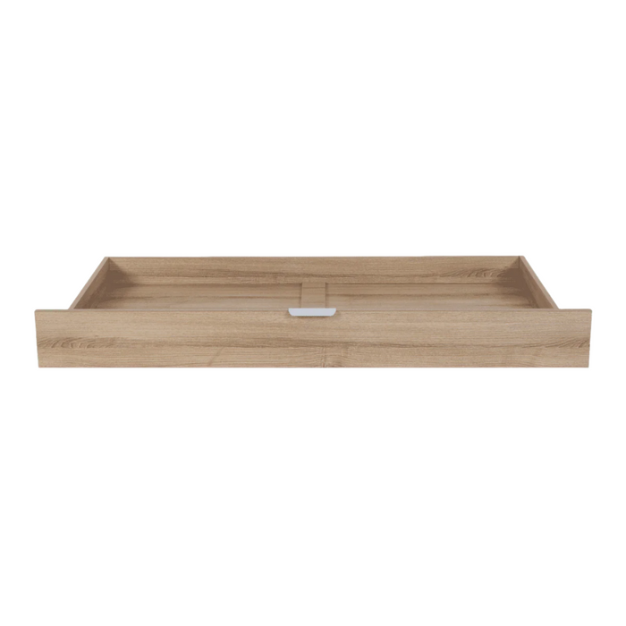 Front-facing view of the underbed storage drawer in oak, featuring recessed pull handle and smooth-glide castors for convenience