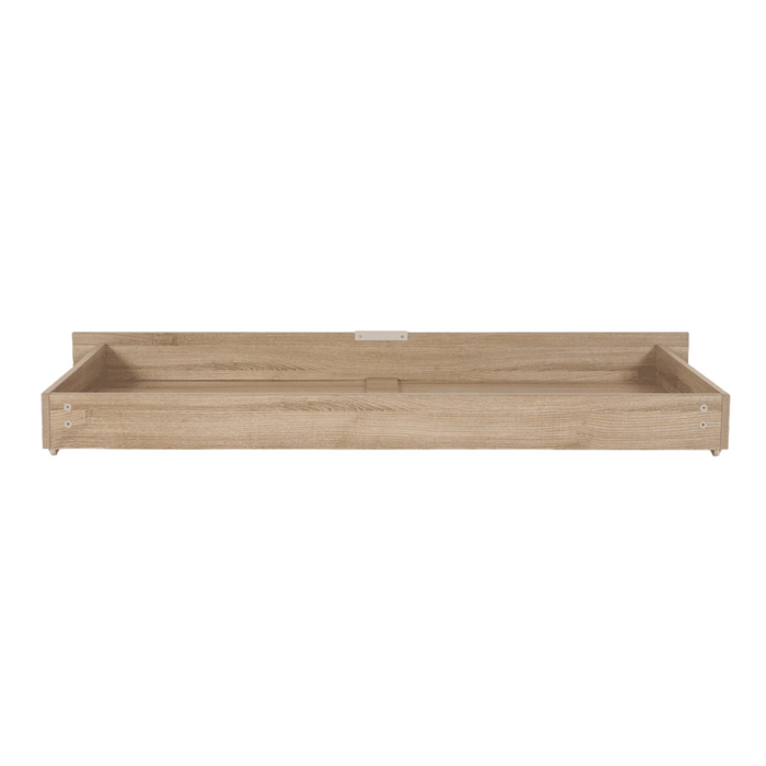 Rear view of the underbed storage drawer in oak finish, showing low-profile frame, smooth edges and back panel construction