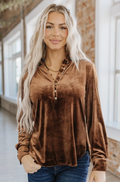Velvet Mandarin Collar Shirt - Brown