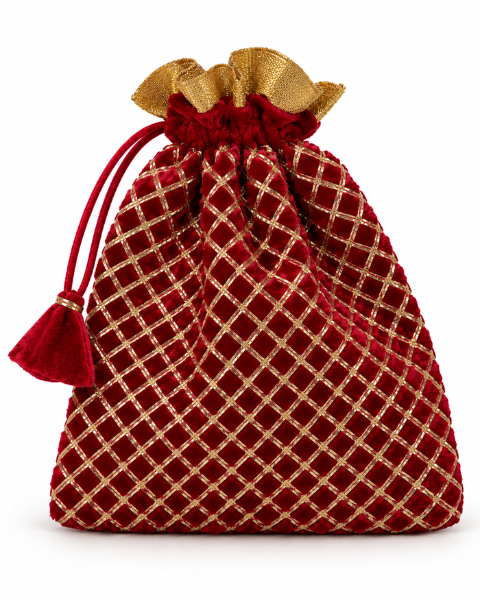 Velvet potli bag with gold lattice work alternate view