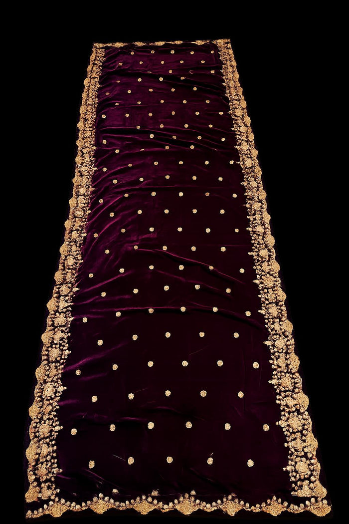 Violet velvet shawl – gold embroidered border and floral motif detail