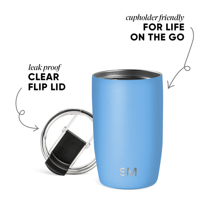 Bright sky blue insulated tumbler with silver metallic accents and trim