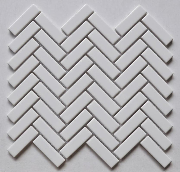 White Glossy Herringbone Porcelain Mosaic Tile 11x11 Sheet