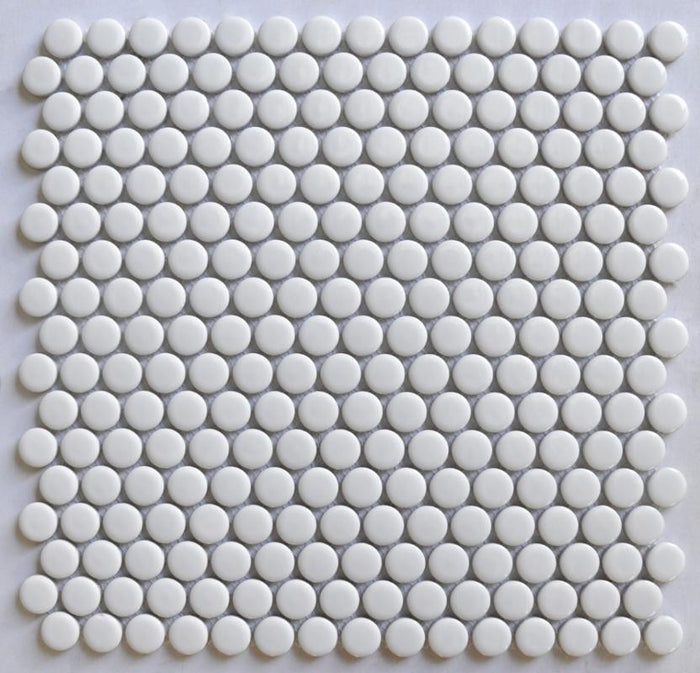 White Penny Round Glossy Porcelain Mosaic Tile 12x12 Sheet
