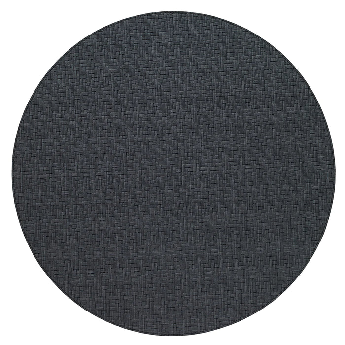 The Bodrum Wicker Round Placemat Black Set of 4 features dark gray woven vinyl with a subtle textured pattern, phthalate-free for easy care and everyday use, shown from above on a white background.