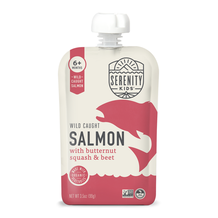 Serenity Kids salmon with butternut squash and beet pouch on a white background