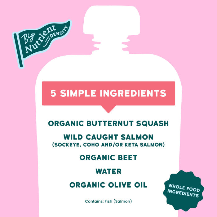 Salmon product label with ingredients on a pink background