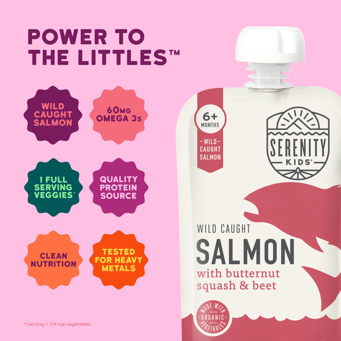 Serenity Kids wild caught salmon pouch with product features on a pink background